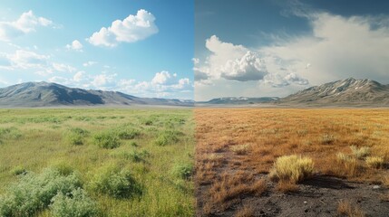 Obraz premium A side-by-side comparison of environmental change, with a lush field merging into a dry wasteland