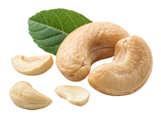 Cashew nuts with green leaves, showcasing their natural texture and color, evoke sense of healthy snacking and nutrition