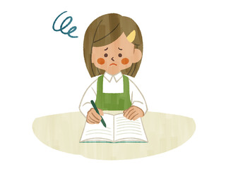 困った表情でノートに記入しているエプロンを着用した女性-ガッシュ