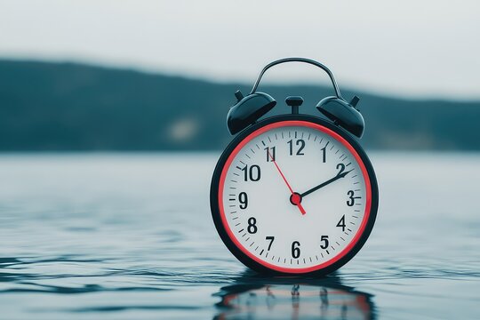 Black alarm clock floating on water surface