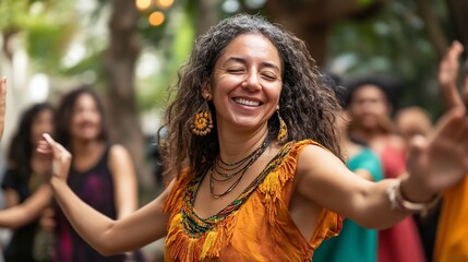 Joyful woman radiates happiness while dancing with friends outdoors