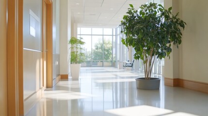 Fototapeta premium Bright office corridor with blurred door and plants modern workspace indoor environment perspective