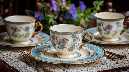 Fototapeta premium Vintage teacups and saucers with floral design