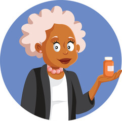 Elderly Woman Holding a Jar of Pills Vector Illustration. Happy senior lady feeling good after medical treatment 
