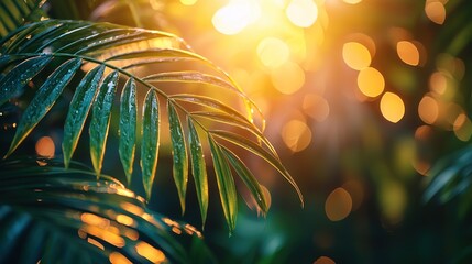 Lush palm leaves bathed in golden sunlight