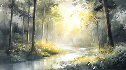 Fototapeta premium Sunrise Serenity: A Tranquil Watercolor Forest Illuminated by Dawn's Gentle Glow
