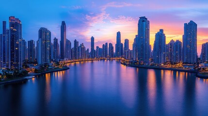 Fototapeta premium Time-lapse of skyscrapers at sunrise or sunset.