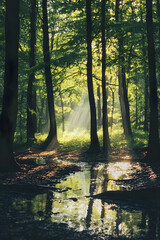 Sunrise Serenity: A Tranquil Watercolor Forest Illuminated by Dawn's Gentle Glow