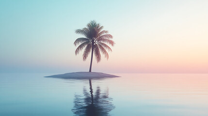 Fototapeta premium Serene minimal island with palm tree aerial view of tropical ocean tranquil nature scene