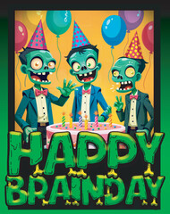 Obraz premium Happy Brainday! Zombie Party with Cake. Three zombies with hats celebrate their 