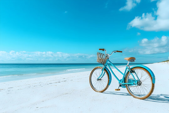 
A light blue bicycle on the white sand beach with a sea and sky background, a concept for summer vacation or travel. A panoramic banner, a concept for a holiday.
