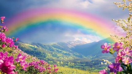 Obraz premium Vibrant Rainbow Over Serene Mountain Valley with Blooming Spring Flowers