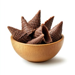 Obraz premium Chocolate waffle cones in a wooden bowl (1)