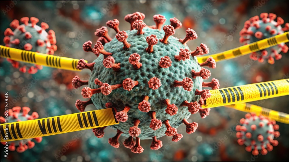 Poster detailed close-up of a virus particle surrounded by warning tape