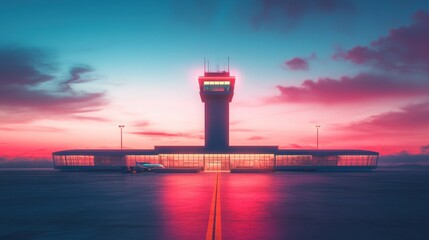 Obraz premium A modern airport terminal at dusk, featuring a striking control tower and vibrant sky colors, reflecting a blend of technology and design.