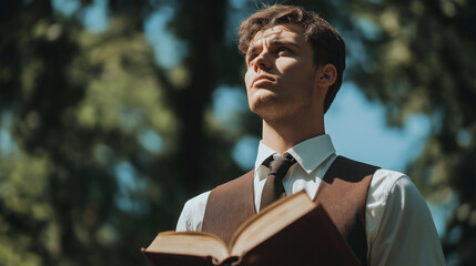 A young man with a book is looking forward. A christian man studying bible. 