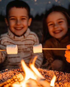Two children joyfully roasting marshmallows over a cozy campfire at night.