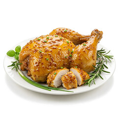 Roasted Chicken Delight: A close-up shot of a succulent, perfectly roasted chicken, glistening with a golden-brown glaze, beautifully presented on a white plate with fresh herbs.