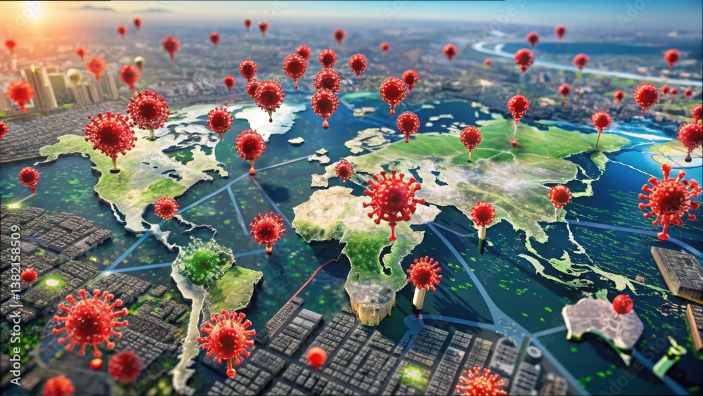 Poster global virus alert with concept map and symbols over city landscape