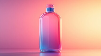 A vibrant, translucent bottle stands against a soft gradient backdrop, showcasing a blend of pink and blue hues.