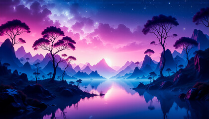 Naklejka premium A serene landscape at dusk or dawn features majestic mountains, a tranquil lake reflecting a vibrant pink and blue sky, and silhouette trees dotting the scenic view.