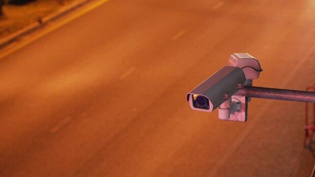Surveillance enforcement camera monitor city traffic and speed control watching cars driving in the background. Timelapse long exposure effect