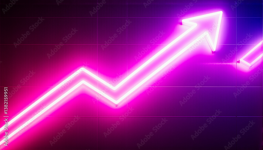 Aufkleber A vibrant pink neon arrow points upwards on a dark grid backdrop with purple and blue hues, suggesting growth and progress in a dynamic and modern style.