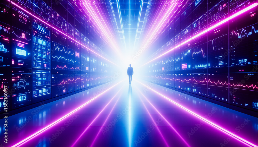 Leinwandbilder A silhouette walks toward a bright light in a neon tunnel flanked by digital screens displaying data. Perspective lines enhance the depth and futuristic ambiance.
