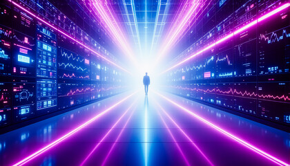 A silhouette walks toward a bright light in a neon tunnel flanked by digital screens displaying data. Perspective lines enhance the depth and futuristic ambiance.