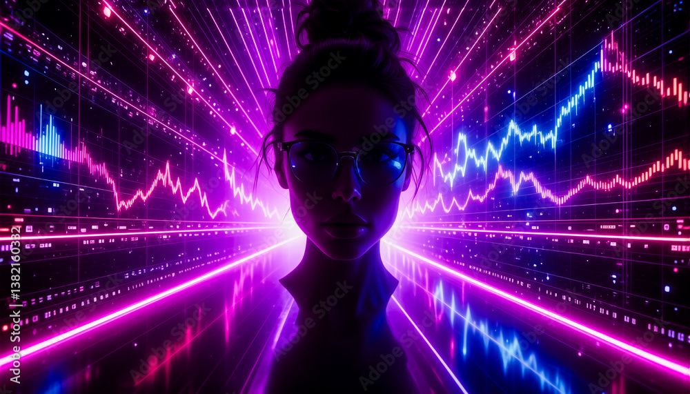 Poster a woman in glasses stands against a vibrant backdrop of neon lights and glowing graphs. the scene is