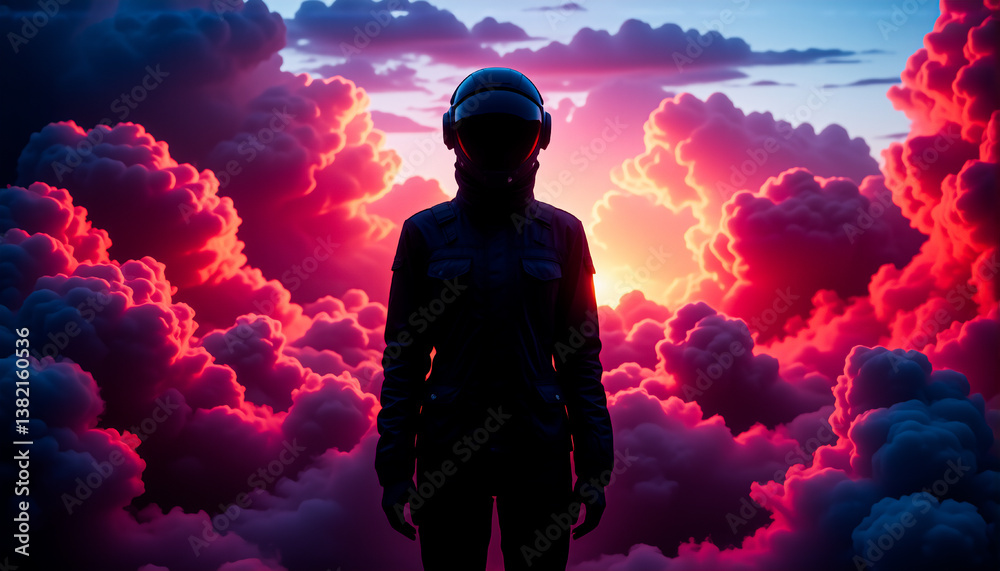 Poster a silhouetted figure in a helmet stands amidst a vibrant, dramatic cloudscape at dusk, illuminated b