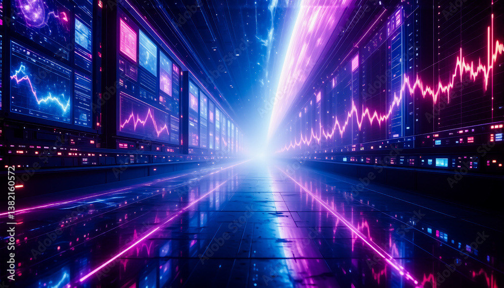 Poster futuristic tunnel with glowing neon lights and screens displaying dynamic graphs in blue and pink hu