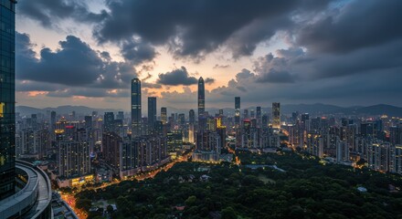 Fototapeta premium Shenzhen Cityscape at Dusk: A Panoramic View of Modern Architecture and Urban Development