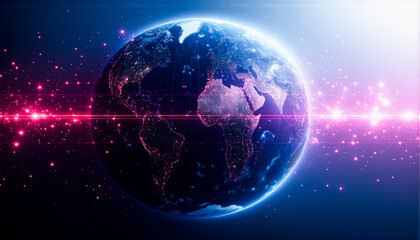 Obraz premium Planet Earth glows in the dark expanse of space, illuminated by a bright, cosmic light. Continents are visible with city lights twinkling, surrounded by a nebula-like effect.