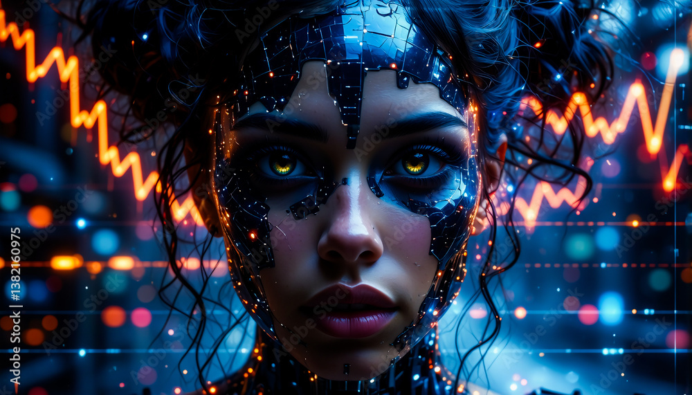Poster a woman with cybernetic enhancements and glowing eyes intensely stares forward. digital patterns and