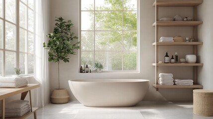 A spacious contemporary bathroom with a classic vintage tub, open shelving, and neutral tones for a warm, minimalist look.