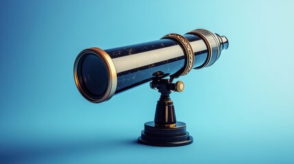 A vintage telescope stands elegantly against a vibrant blue background, showcasing intricate details and a classic design.