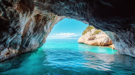A spectacular coastal cave frames a paradise of turquoise waters, where light and shadow create an ethereal, inviting scene.