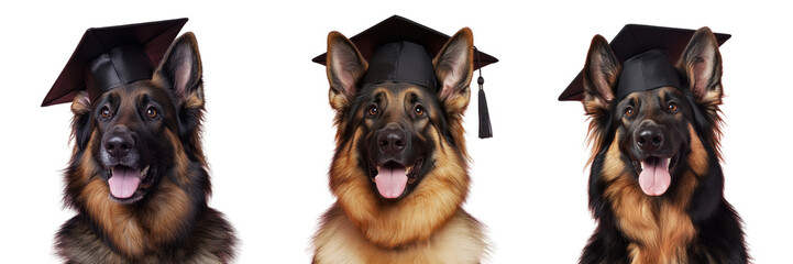 Happy German Shepherd Dogs with Graduation Caps Celebrating Success