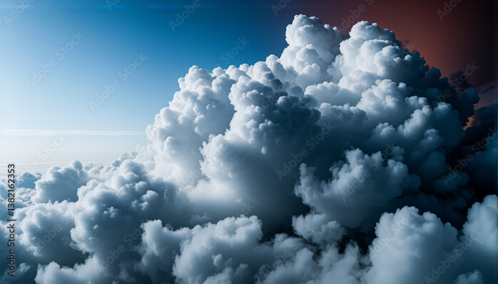 Poster Aerial view of a grand, billowy cloudscape under a gradient sky that shifts from deep blue to warm orange, creating a dramatic yet serene scene.