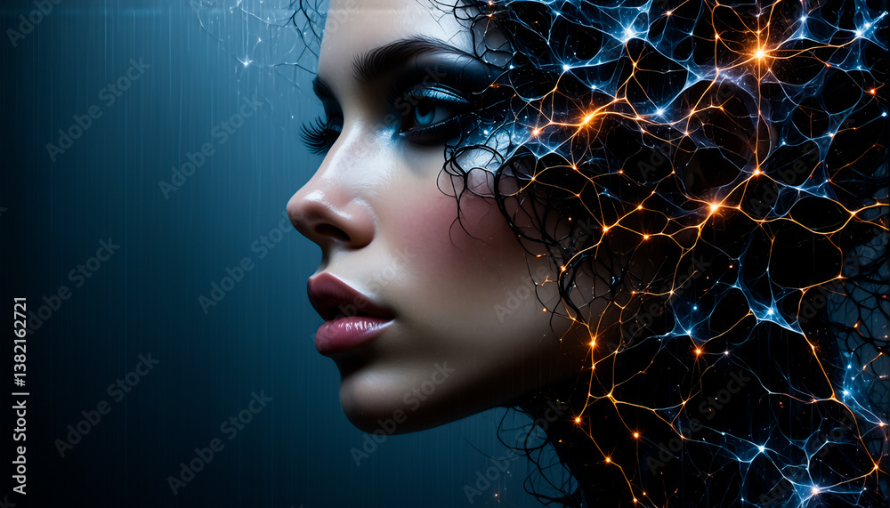 Poster A woman's profile is illuminated by glowing neural network patterns, symbolizing technology and connection against a dark blue backdrop.