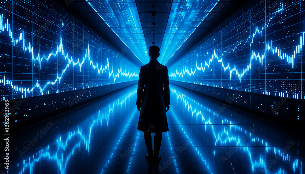 Leinwandbilder a figure stands in a glowing blue futuristic corridor with data graphs on the walls, creating a tunn