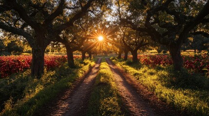 Obraz premium Sun rays burst through trees lining a dirt road, illuminating red flowers
