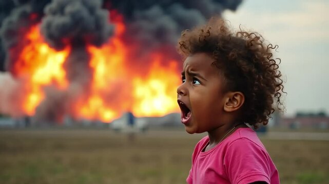 Child Crying Amid War and Destruction
