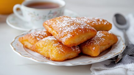 Delicious Plate of Sweet Dessert Garnished with Powdered Sugar Closeup