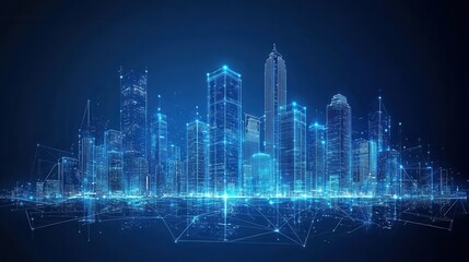 A futuristic skyline illuminated with blue neon lights, showcasing interconnected skyscrapers against a dark backdrop.