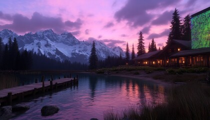 Fototapeta premium Serene lakeside cabin nestled amidst snow-capped mountains at sunset
