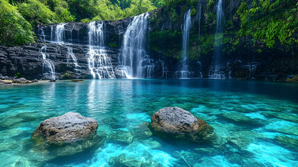 Waterfall cascade into turquoise pool, lush greenery background