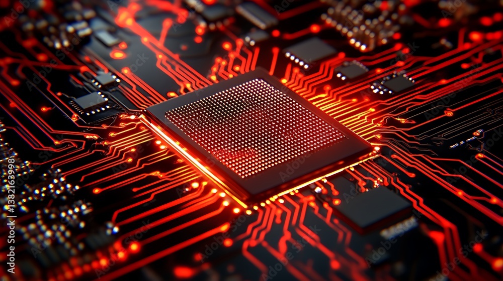 Wall mural glowing cpu with red circuit board, and tech background.