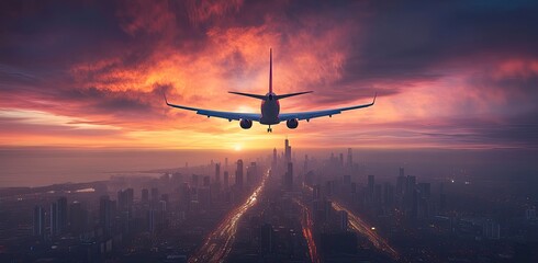 Airplane Flying Over City Skyline at Sunset with Dramatic Sky